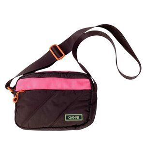 GANNI Quilted Recycled Tech Fabric Festival Bag Mole Dark Brown Pink Orange